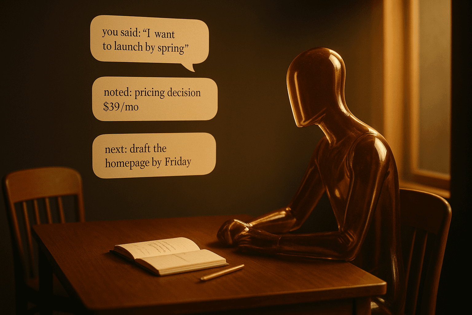 LUX sitting across a small walnut table from an empty chair, three soft cream speech bubbles floating between them