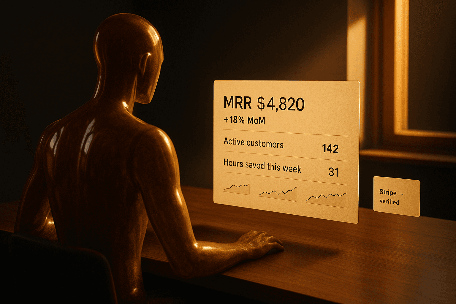 LUX at a warm walnut desk reviewing a printed cream dashboard pane showing MRR and customer count