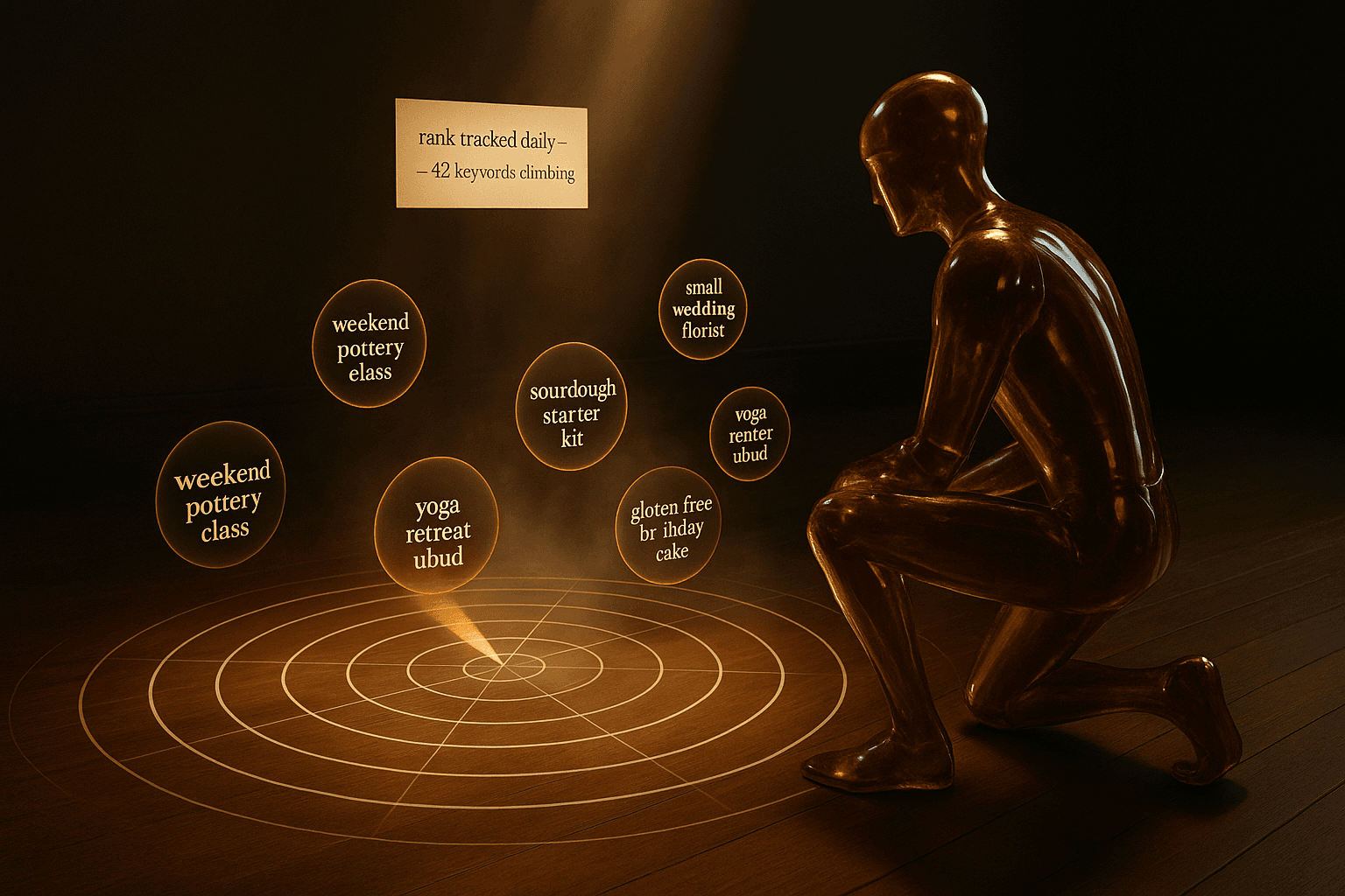 LUX kneeling beside a soft cream radar projecting six keyword tokens, two ranking page one